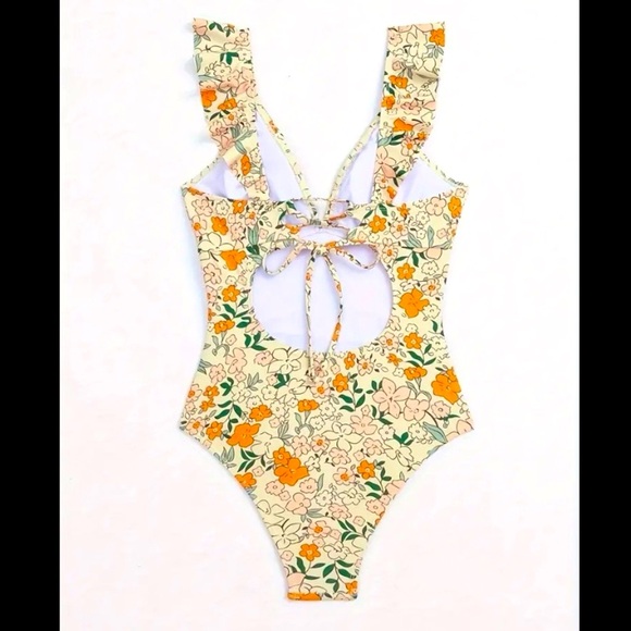 One Piece Swimsuit with Ruffled V-Neck with Open Hole Back - Picture 4 of 11